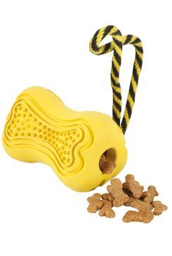Hračka pes TITAN gumová kosť s lanom S žltá Zolux