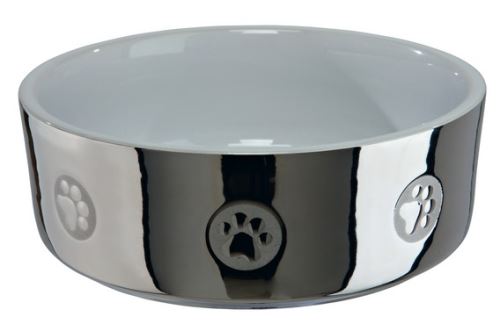 Keramická miska pre psov s labkami strieborno / biela 0,3 l / 12 cm strieborno / biela