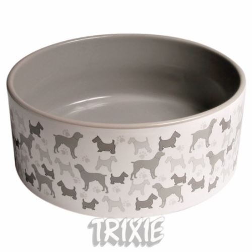 Keramická miska - biela / sivý motív pes