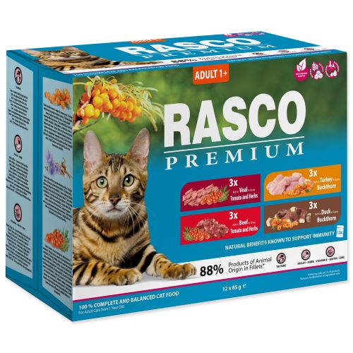 Rasco Premium Cat Pouch Adult, 3x beef, 3xveal, 3x Turecko, 3x duck 12x85g