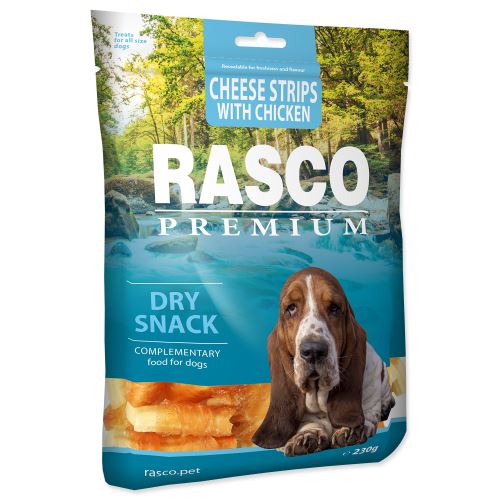 Pochúťka RASCO Premium prúžky syra obalené kuracím mäsom 230g