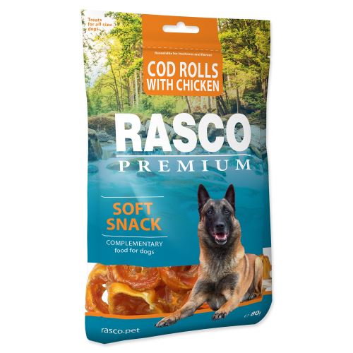 Pochúťka RASCO Premium tresčiu rolky obalené kuracím mäsom 80g